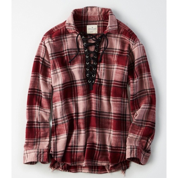 American Eagle Outfitters Tops - Lace Up Distressed Flannel